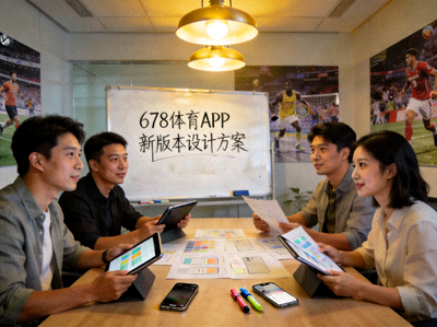678体育团队正在讨论新版本APP设计方案的会议场景